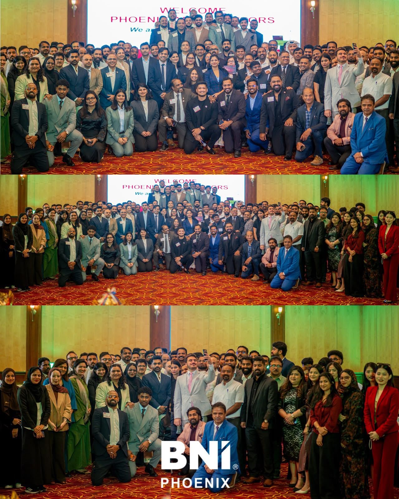 Group photo of business owners from many nationalities and industries at the BNI Phoenix Qatar meeting, Radisson Blu, Doha