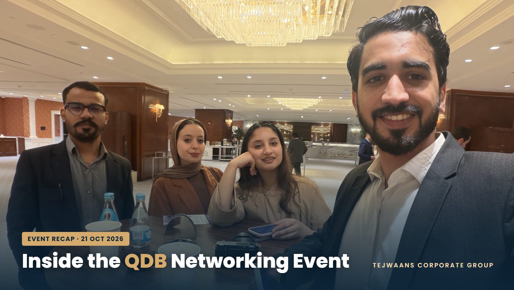 Tejwaans Corporate Group team selfie with fellow attendees at the QDB Networking Event, The Plaza Ballroom, Qatar, 21 October 2026